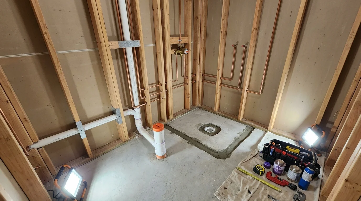 Bathroom rough-in plumbing during remodel by Johns Plumbing LLC in Thurmont