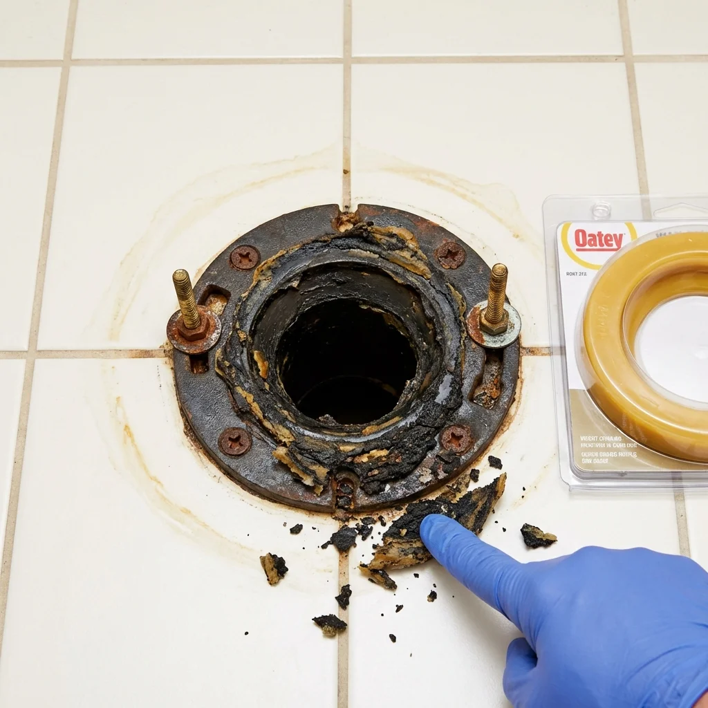 Failed wax ring showing water seepage at the base of a toilet in a Thurmont, MD home