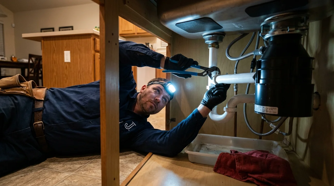 P-trap and supply line connections under a kitchen sink showing a common leak point in Thurmont, MD
